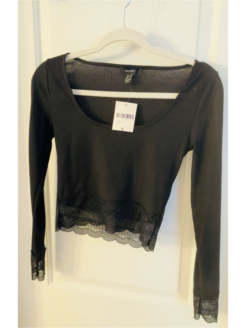 Forever 21 Black Ribbed Long-Sleeve Scoop Neck Top with Lace Trim